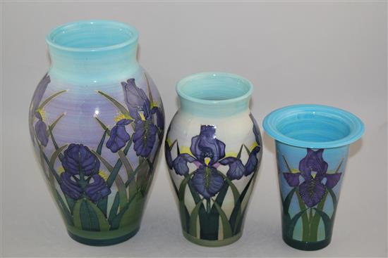 Sally Tuffin for Dennis Chinaworks. Three Iris pattern vases, 16 - 26cm